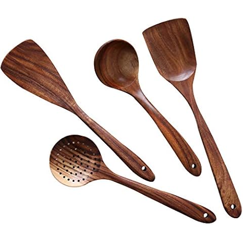 Wooden Cooking Utensils Kitchen Utensil,NAYAHOSE Natural Teak Wood Kitchen Utensils Set - Nonstick Hard Wooden Spatula and Wooden Spoons Cover