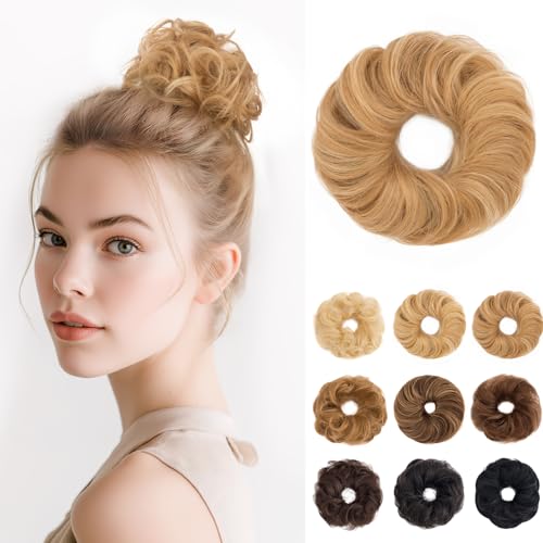 SEGOHAIR Extensiones de pelo humano con banda de goma, accesorio desordenado de rosquilla, 2 unidades, pelo ondulado para mujer, color marrón dorado/rubio blanqueado, moño moteado, pelo Remy, moño