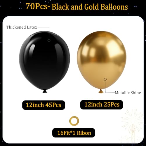 Image of Black and Gold Balloons, 70pcs 12inch Metallic Gold and Black Balloons for Graduation Anniversary Birthday Party Decoration