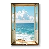 Framed Window Beach Scene Wall Art, Blue Ocean Vertical Coastal Canvas Painting Prints, Summer Seascape Wave Artworks for Living Room Entryway Hallway Office Wall Decor, 24x36 Inch