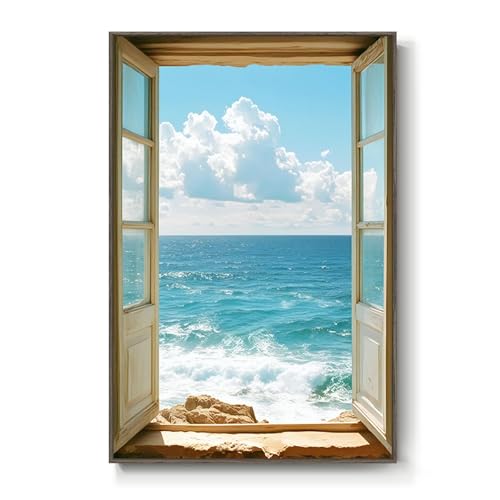 Framed Window Beach Scene Wall Art, Blue Ocean Vertical Coastal Canvas Painting Prints, Summer Seascape Wave Artworks for Living Room Entryway Hallway Office Wall Decor, 24x36 Inch