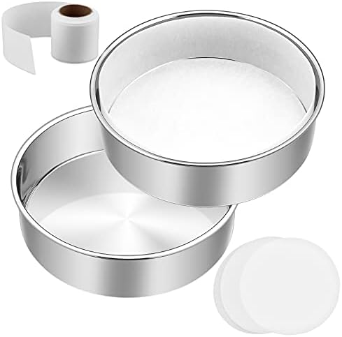 E-far 6 Inch Cake Pan Set of 2, Stainless Steel Round Layer Smash Cake Baking Pans with Parchment Rounds & Side Liner Roll, Non-Toxic & Healthy Metal Cake Tin, Straight Side & Dishwasher Safe
