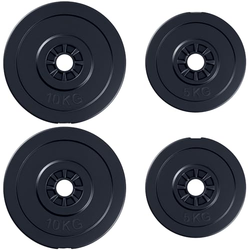HOMCOM Juego de 4 Discos de Pesas de 2x5 kg y 2x10 kg Juego de Placas con Agujero de Ø25 mm para Barra o Mancuernas Entrenamiento de Fuerza Levantamiento Negro