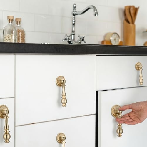 Roowest 6 Pack Solid Brass Drop Cabinet Pulls 2.5 Inch, Brushed Gold Cabinet Knobs for Dresser and Drawers, Decorative Vintage Brass Cupboard Knob Durable Pendant Knobs for Kitchen Cabinets Wardrobe by Roowest - Used condition - Image 5