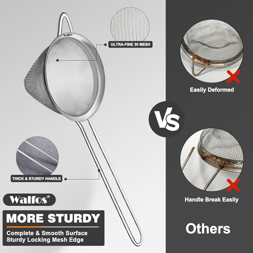 Small Extra Fine Mesh Strainer for Cocktail & Tea, Walfos Mini Stainless Steel Sieve with Handle, 3.3 Inch Metal Sifter for Tea Herbs, Coffee, Juice & Beverages