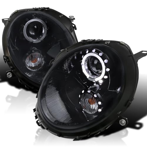 SPEC-D TUNING Glossy Black Smoke LED Halo Rim Projector Headlights Compatible with 2007-2013 R56 MINI Cooper Models, Left + Right Pair Headlamps Assembly