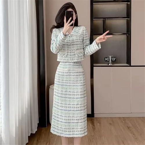 Women Elegant Tweed Tassel Edge High Waist Long Skirt Two Piece Suits4