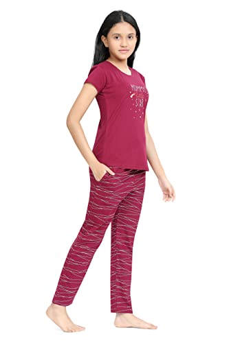 Image of Kids Night Suit for Girls - Cotton Set of Pyjama & T-Shirt Sleepwear - Lightweight & Comfortable Night Wear for Kids