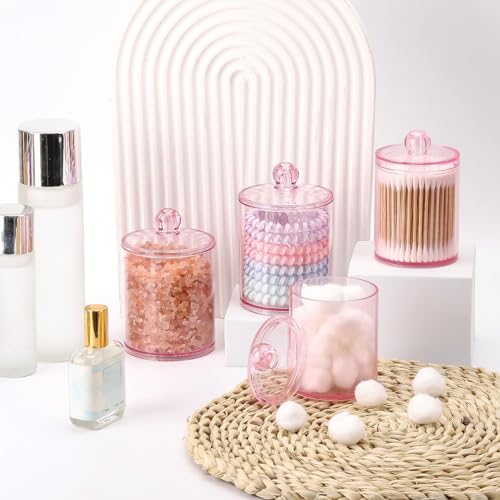 Image of Tbestmax 12 oz & 10 oz Qtip Holder - 4 Pack Restroom Bathroom Organizers and Storage Containers, Pink Plastic Apothecary Jars with Lids for Cotton Swab, Cotton Round Pads, Floss
