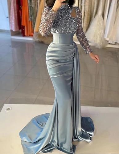 Sequined Mermaid Evening Gown Elegant Masquerade Dress for Women Long Sleeve High Neck Satin Formal Gowns with Pearls3