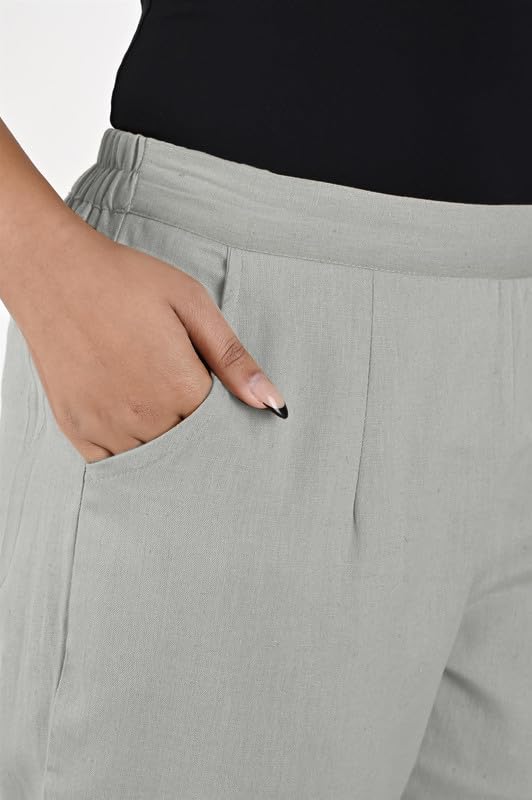 Image of Women's Solid Straight Fit 100% Cotton Trousers | High Waist, Side Pockets, Ankle Length Pants for Office, Casual
