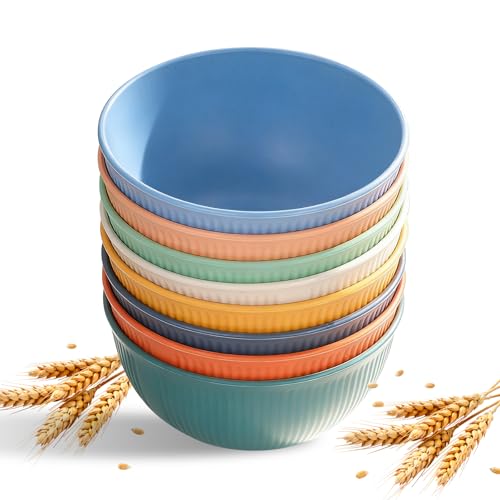 Yuecda 8-Piece Durable Plastic Bowls Set - Colorful Microwave & Dishwasher Safe Perfect for Kids & Adults Camping Parties (655ML)