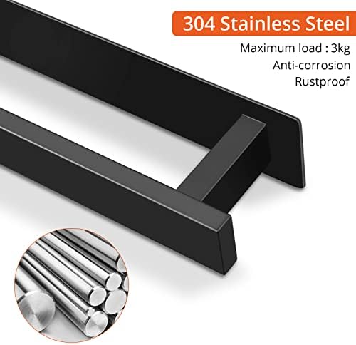 FUNYKICH Bathroom Towel Rail, Self Adhesive Towel Rail Black Towel Holder with 2 Hooks for Bathroom Kitchen, 40cm, SUS304 Stainless Steel, No Drilling Installation
