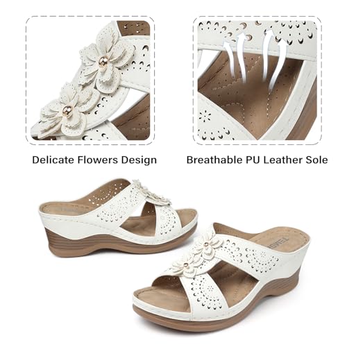 Image of TEMOFON Womens Wedge Sandals Leather: Comfortable Walking Shoes Summer | Fit Wide Foot - Cute Style - Wear True Size 5-11