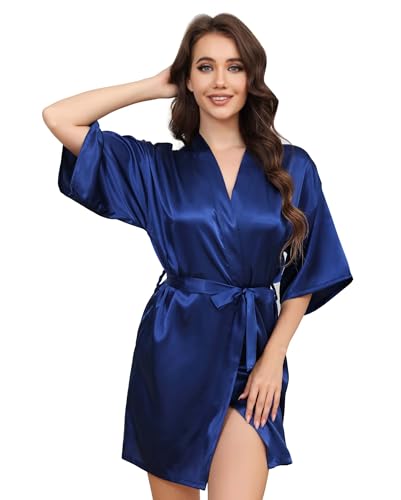 Starblazia Peignoir Satin Femme Kimono Femme Soie Court avec Ceinture Peignoir Mariée Bridesmaid Robes de Chambre Demoiselle d'honneur,S,Bleu Foncé