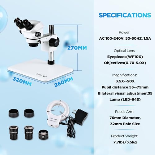 Image of ESSLNB Binocular Stereo Microscope with LED Light, 3.5X-50X Magnification, WF10X Eyepieces, 0.7X-5.0X Zoom Objective, 0.5X Additional Objectives - Ideal for Observation in Education, Professional Use