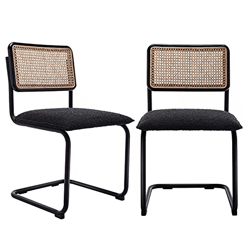ONEVOG Boucle Dining Chair Set of 2, Modern Upholstered Cane Chairs with Natural Rattan Back & Tubular Metal Frame, Comfortable Accent Chairs for Dining Room/Kitchen/Living Room, Black