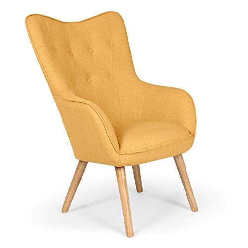 Chaise/Fauteuil Scandinave Jaune Capitonné | Assise Confortable en Tissu et Pieds en Bois | Modèle Klarys | L67 x P75 x H100 cm