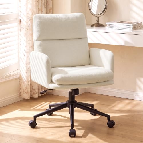 Image of Home Office Chair with Plush Curved Back Support, Wide Seat Computer Desk Chair with Rolling Wheels, Swivel Tilt & Height Adjustable, Soft Fabric Upholstery with Sturdy Metal Base, Ivory white