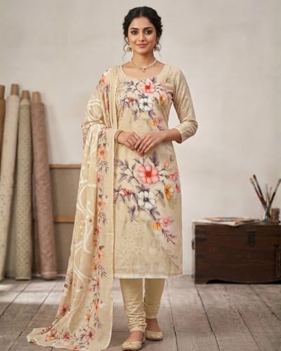 Image of KTI Women Cotton Unstitched Salwar Suit Material with Dupatta Geometric & Floral Printed Dress Material for Daily Wear Casual & Office Wear