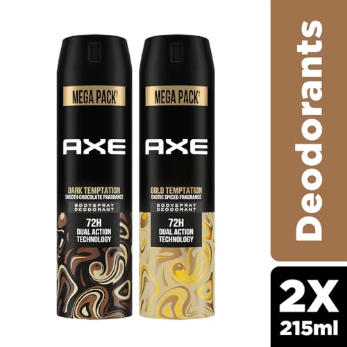 Image of Axe Dark Temptation Men's Deodorant + Axe Gold Temptation Long Lasting Deodorant Bodyspray For Men, With An Irresistible Scent 215ml, Pack of 2