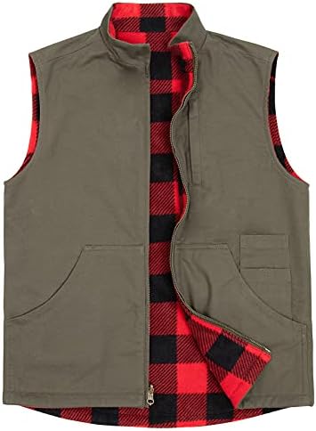 ZENTHACE Men's Reversible Casual Vest Flannel Fleece Lined Outdoor Work Safari Fishing Travel Vest Jacket Army Green L