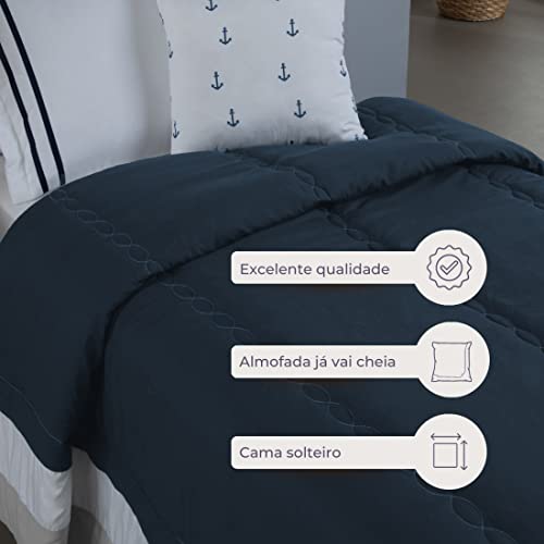 Kit Edredom Solteiro Âncora 4 Peças Marinho