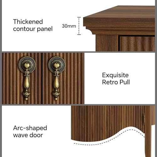 Image of FUSUNBAO Set of 2 Nightstands with Charging Station&2 Fluted Drawers,Walnut | Vintage Bedside Table, 2 Fluted Drawers and Open Shelf, Rustic End Table, Power Outlet and USB Ports, For Bedroom
