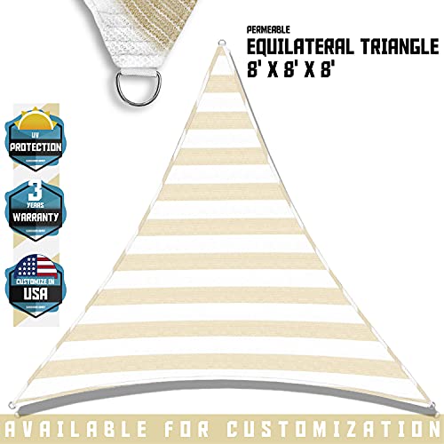Tang Sunshades Depot 8'X8'X8' Sun Shade Sail 180 Gsm Hdpe Beige Strips And White Strips Equilateral Triangle Permeable Canopy Custom Commercial Standard #TOP1