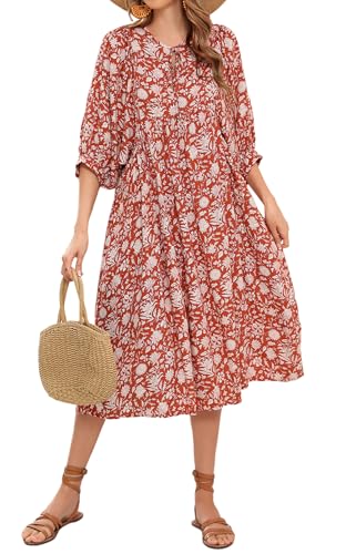 R.Vivimos Womens Summer Casual Midi Dress Lantern Sleeve Tie V Neck Boho Floral Print Loose Fit Flowy Long Dresses