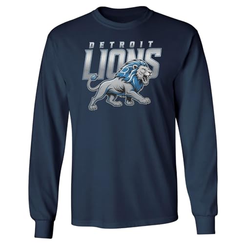 Omufisa Lion Inspired Sports Graphic - Detroit Grit Tribute Long Sleeve T-Shirt (Navy Large)