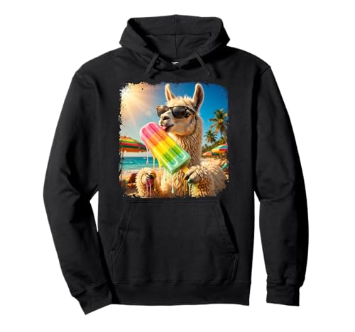 Funny Llama Eating Popsicle Summer Beach Animal Sunglasses Pullover Hoodie
