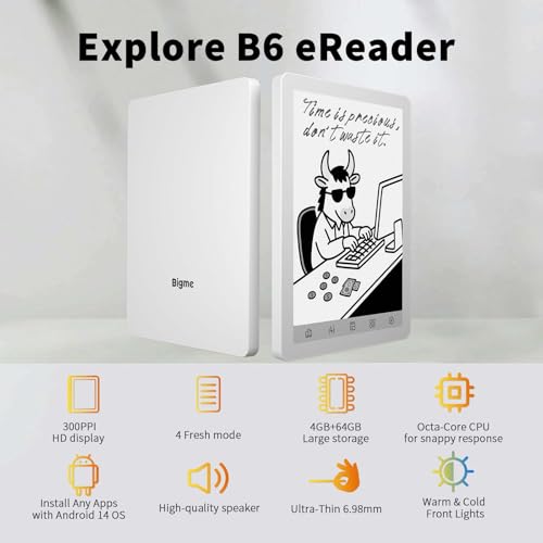 Image of Bigme B6 Black and White Display E-Reader 4GB RAM + 64GB Storage, 36-Level Adjustable Cold and Warm Light, Android 14 OS Epaper Tablet