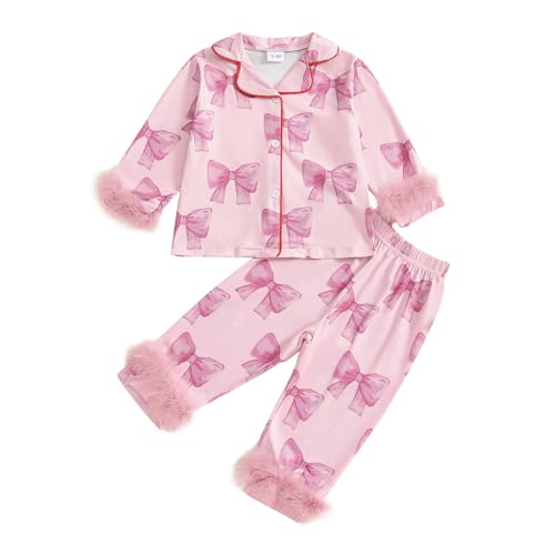 Qiylii Kids Baby Girl Bowknot Button-Down Pajamas Feather Trims Shirt and Pants 2PC Long Pajama Set Holiday Sleepwear