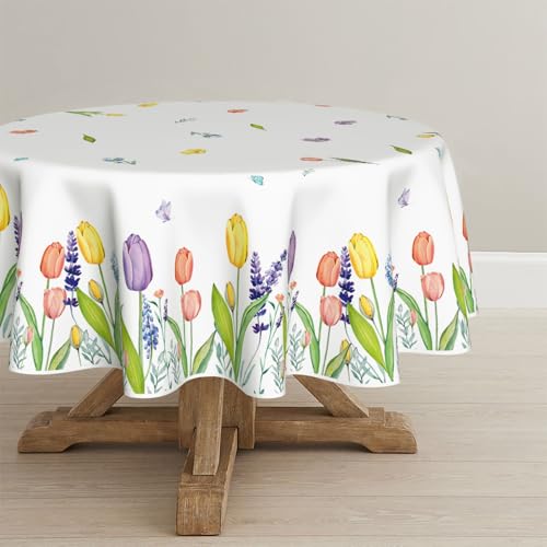 Artoid Mode Nappe de table ronde 140 cm, motif tulipe, lavande, fleurs, papillon, printemps, protection saisonnière, été, linge de table, cuisine,...