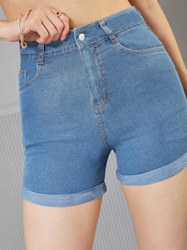 Image of Miss Chase Women's Relaxed Fit Mid Rise Highly Distressed Regular-Length Denim Shorts