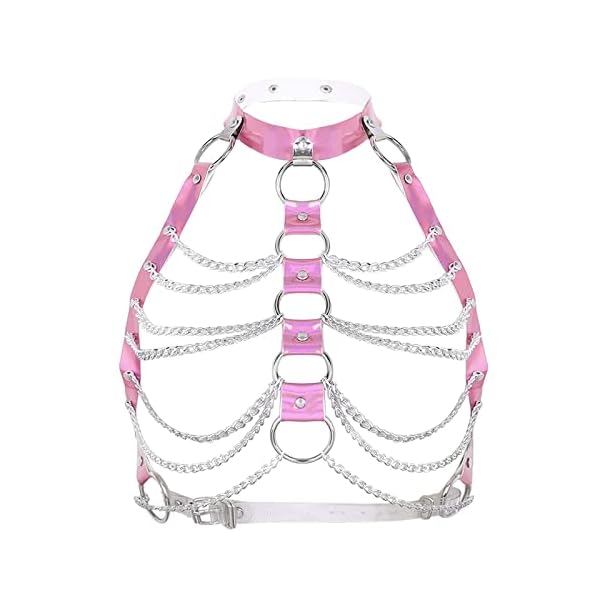 ZUYPSK Damen Gothic Kostüm Punk Körpergeschirr Brust Harness Oberteile mit Leder Halsband und Metallic Kette Quaste