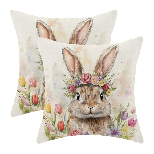 Sorktse Easter Pillow Covers 18x18 Inch Colorful Tulip Floral Easter Bunny Throw Pillow Covers Set of 2 Spring Rabbit Floral Pillowcases Outdoor Decor for Living Room Bedroom Linen Cushion
