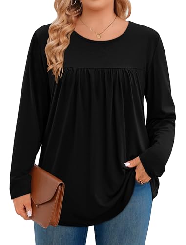 JOELLYUS Plus Size Tops for Women Fall Long Sleeve Shirts Flowy Tunic Top Pleated Casual Blouses Loose Fit Winter Tees