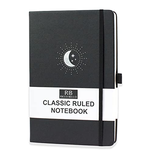 RICCO BELLO College Ruled Hardcover Lined Lay Flat Journal Notebook - Vegan Leather, Elastic Closure, Pen Loop, Bookmark, Inner Pocket, 192 Lined Pages, 5.7 x 8.4 inches (Black Moon & Stars)