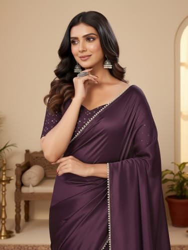 Image of FABIAN FASHION Women's Plain Japan Satin Silk Saree with Pearl Lace Border, Includes Unstitched Matching Blouse Piece - Elegant Saree(AVN 1694)