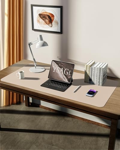 Image of YSAGi Leather Desk Mat, Large Mouse Mat, 90 x 43 cm, Beige | Non-Slip Desk Pad, Keyboard Mat, Waterproof Table Protector Desk Accessories for Office & Home