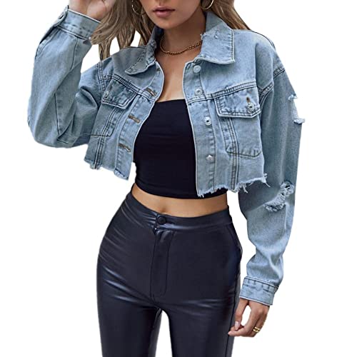 Jeansjacke Mädchen, Damen-Jeansjacke Modisches Revers Lange Ärmel Knopfleiste Crop-Jacke Boyfriend-Jeansmantel Vintage-Jeansmantel Im Used-Look Zerrissen Ausgefranst Frühling Übergang Lässige O
