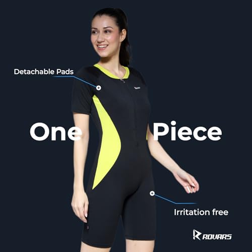 Image of ROVARS Swimming Suit for Women One Piece Swim Suit Set Knee Length Swimming Costume Stretchable Swimwear Ladies Swimsuit Flexible Fit Swim Dress Black Lemon