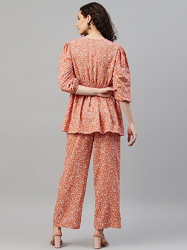 Image of DEEBACO Women's Floral Rayon Flared Tunic & Straight Pants Co-Ord Set for Women V-Neck & 3 /4 Puff Sleeve Ladies Party Casual Wear Fashionable for Girls Relaxed Fit Cord Set (Orange)