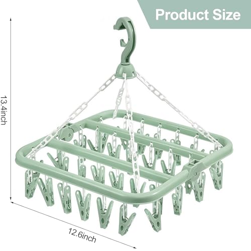 hautllaif Clothes Drying Hanger with 32 Clips, Foldable Design Multi-Functional Sock Dryer and Rotary Wind-sock hanger for washing line, Ideal Hanger for Socks, Underwear, Bras, Baby Clothes (Green) - Image 2