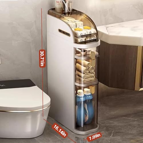 3-Tiers Narrow Bathroom Floor Storage Cabinet 7.1″ Plastic Drawers Organizer with Tissue Box and Wheels Slim Waterproof Bathroom Cabinet for Small Kitchen Laundry Living Room Toilet Gap