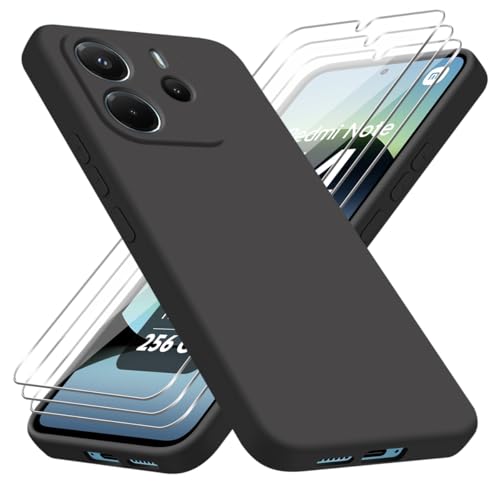 jrester Hülle kompatibel mit Xiaomi Redmi Note 14 4G EU Version Hülle（Nicht für Redmi Note 14 5G/4G Global Version） mit 3 Stück Gehärtetes Glas Schutzfolie, Schwarz Weich Silikon Schutzhülle