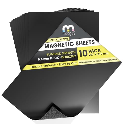 TMS Magnetic Sheets Self-Adhesive | For Crafts or Metal Die Storage | Make Fridge Magnets or Magnetic Strips | Sticky, Flexible & Ultra-Thin | 10 Pack | 0.4mm thick | A4 (30×21cm)