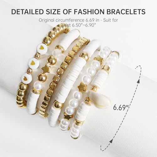 6Pcs Surfer Heishi Friendship Bracelets Set Stackable Stretch Clay Bead Bracelets for Women Preppy Elastic Layering Bracelets Boho Aesthetic Summer Beach Jewelry (white)2
